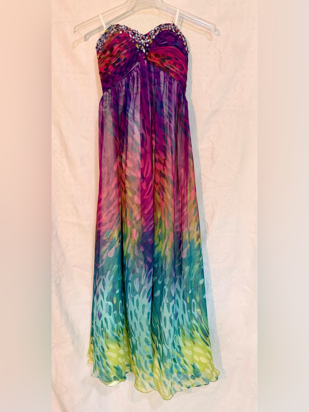 Strapless Formal Multicolor Ombre Maxi Dress with Beaded Bust D0034